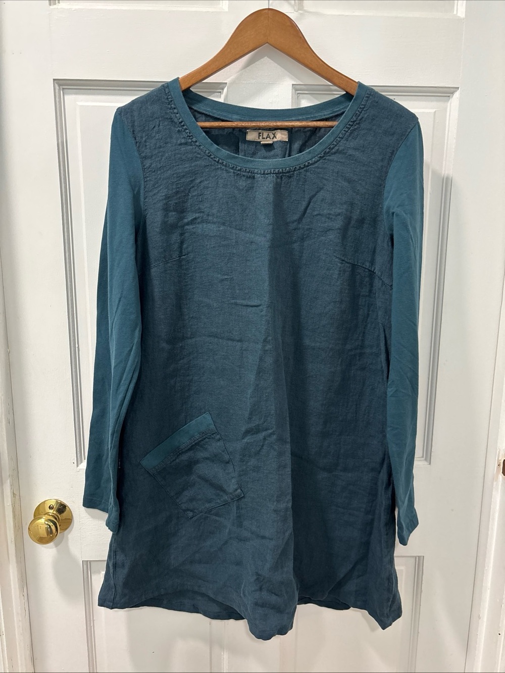 Flax Women’s Long Sleeve Tunic Dress Size Small Dark Teal Linen Lagenlook EUC